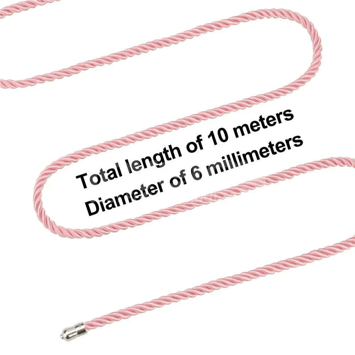 Pink rope laid in a full loop, annotated 10 metres long and 6 mm across