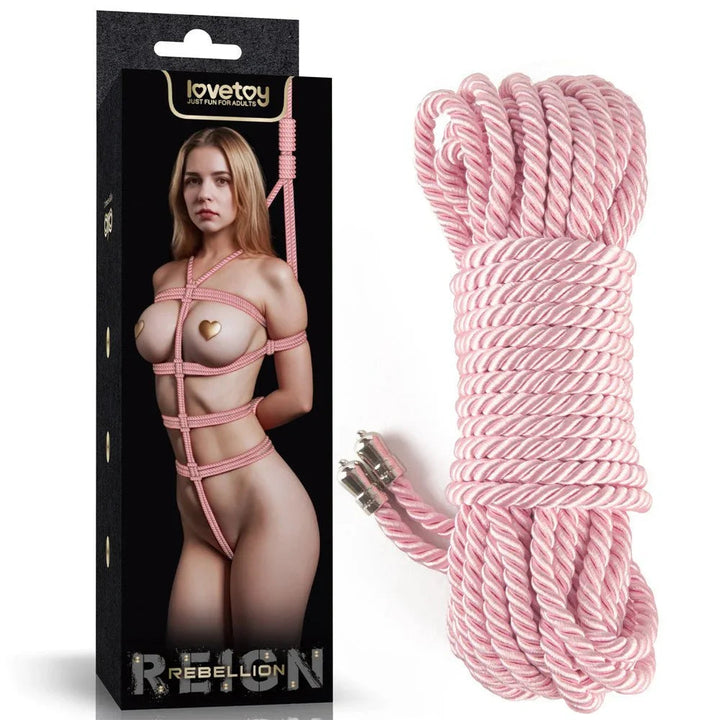 Lovetoy Rebellion Reign silky bondage rope in Pink beside its Reign box