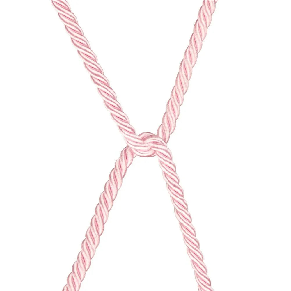 Two pink ropes crossing in an X shape on white