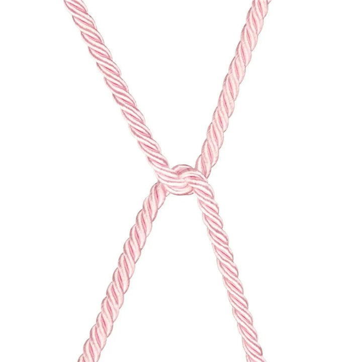 Two pink ropes crossing in an X shape on white