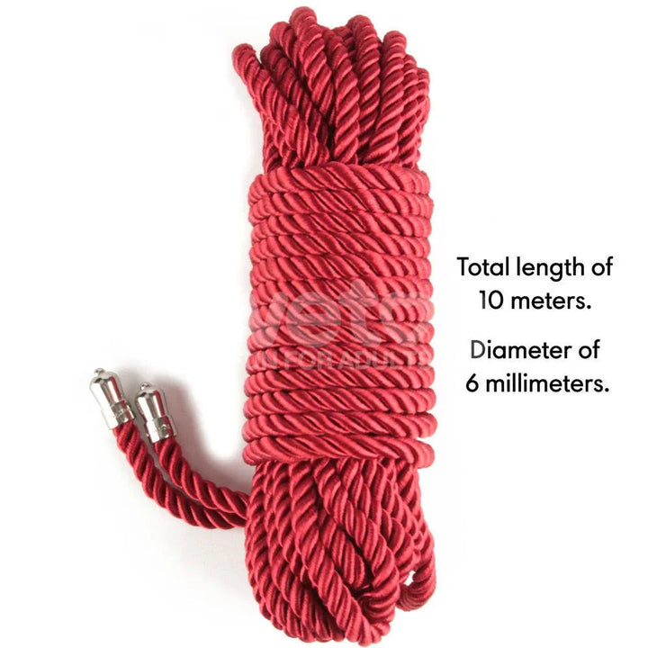 Coiled red Rebellion Reign rope labelled 10 metres long and 6 mm in diameter