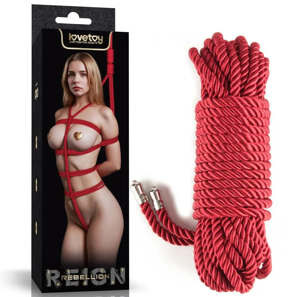 Lovetoy Rebellion Reign silky bondage rope in Red, coiled next to its Reign retail box