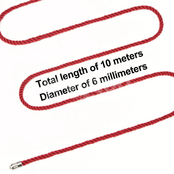 Full 10 metre red rope laid out in a loop, marked 10 metres by 6 mm