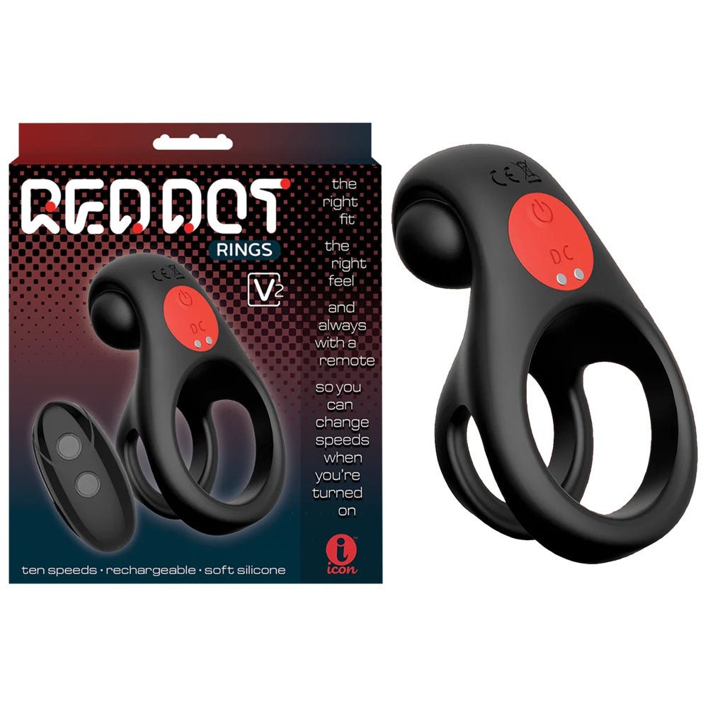 Red Dot Rings - V2 - Black USB Rechargeable Vibrating Cock & Ball Ring with Remote – Sex toys NZ by Naughtyhut. Discreet delivery nationwide.
