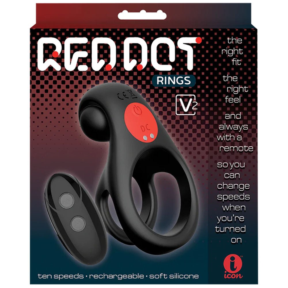 Buy Red Dot Rings - V2 - Black USB Rechargeable Vibrating Cock & Ball Ring with Remote – Naughtyhut NZ sex toys online. Discreet delivery & top brands.