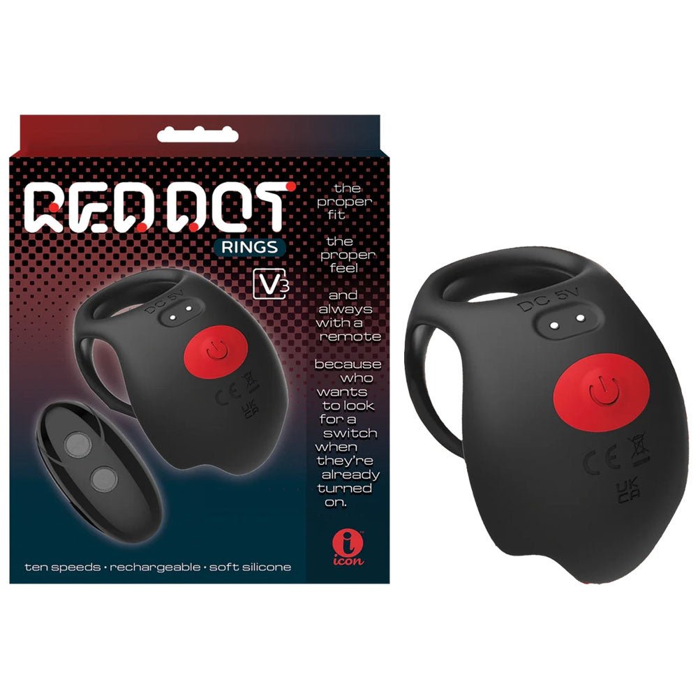 Buy Red Dot Rings - V3 - Black USB Rechargeable Vibrating Cock & Ball Ring with Remote – Naughtyhut NZ sex toys online. Discreet delivery & top brands.