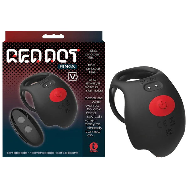 Red Dot Rings V3 in Black with a red power button, beside its retail box