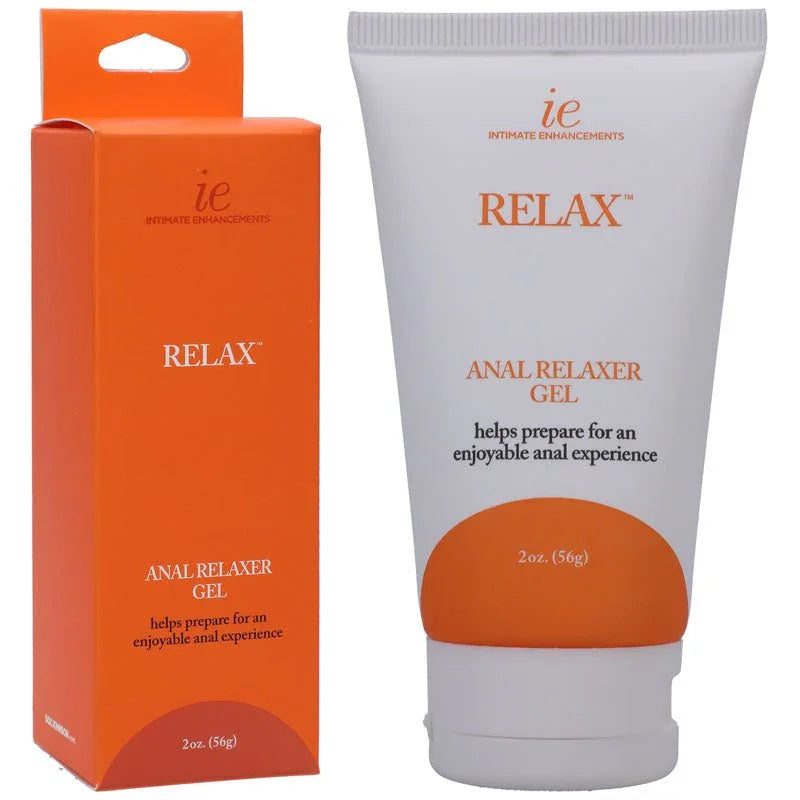 Relax Anal Relaxer Gel 56 g white tube beside its orange retail box