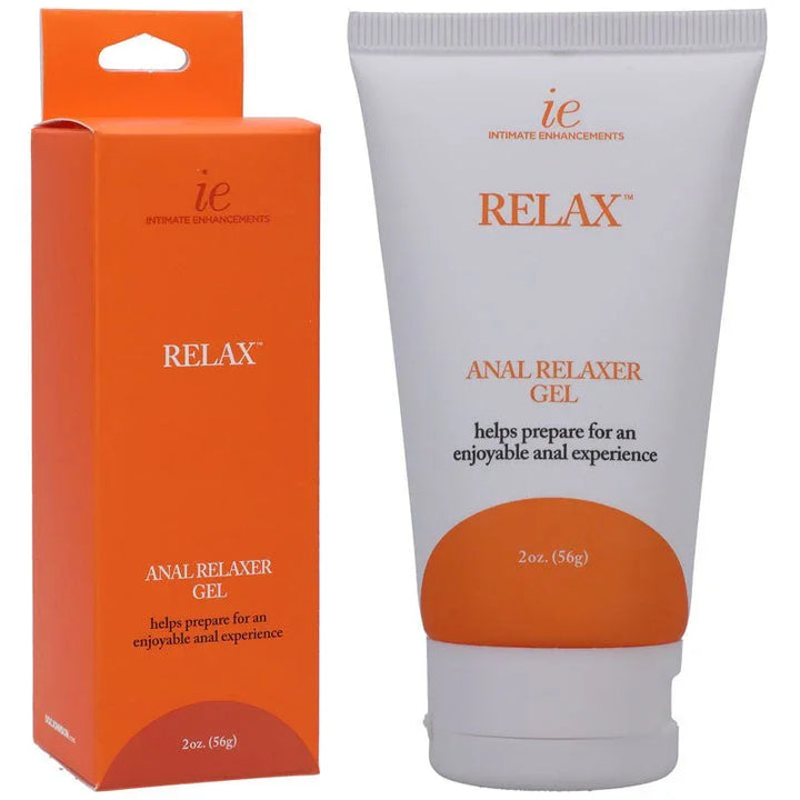 Relax Anal Relaxer Gel 56 g white tube beside its orange retail box