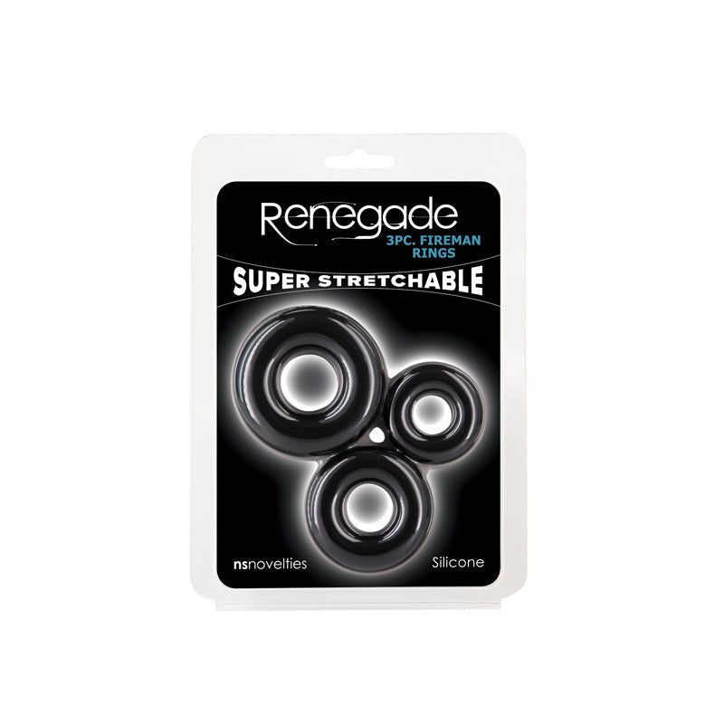 Renegade 3pc Fireman Rings - Black - Black Cock Rings - Set of 3 Sizes – Sex toys NZ by Naughtyhut. Discreet delivery nationwide.
