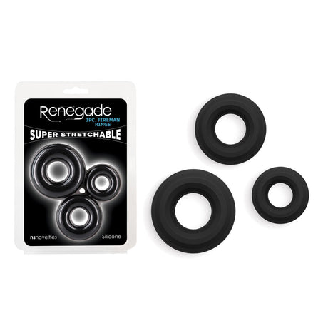 Buy Renegade 3pc Fireman Rings - Black - Black Cock Rings - Set of 3 Sizes – Naughtyhut NZ sex toys online. Discreet delivery & top brands.