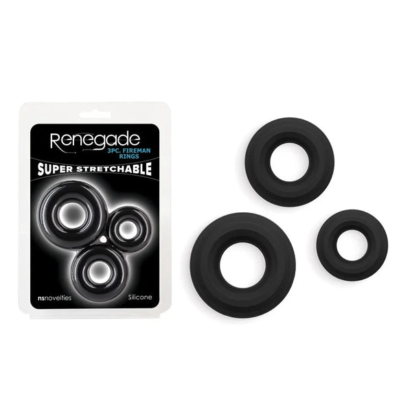 Renegade Fireman cock rings in Black, three smooth rings beside the blister pack