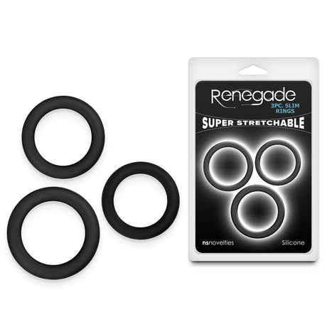 Buy Renegade 3pc Slim Rings - Black - Black Cock Rings - Set of 3 Sizes – Naughtyhut NZ sex toys online. Discreet delivery & top brands.