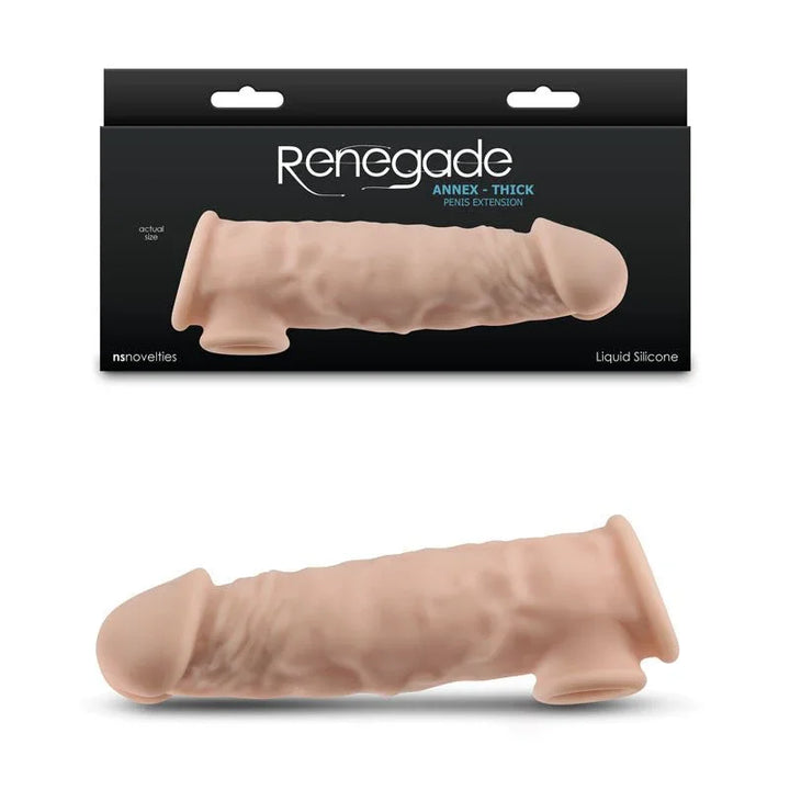 Renegade Annex Thick penis extender sleeve in Flesh, 18.6 cm, below its black box