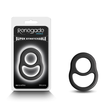 Buy Renegade Cradle - Black - Black Cock & Balls Ring – Naughtyhut NZ sex toys online. Discreet delivery & top brands.