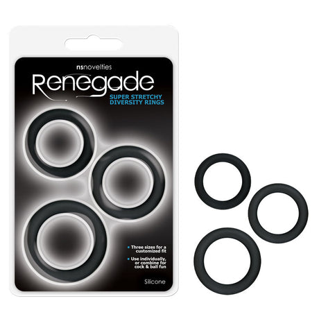 Buy Renegade Diversity Rings - Black Cock Rings - Set of 3 Sizes – Naughtyhut NZ sex toys online. Discreet delivery & top brands.