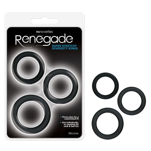 Buy Renegade Diversity Rings - Black Cock Rings - Set of 3 Sizes – Naughtyhut NZ sex toys online. Discreet delivery & top brands.