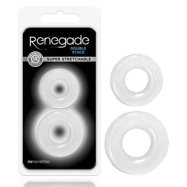 Renegade Double Stack cock rings in Clear, two smooth rings beside the blister pack