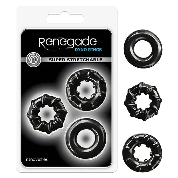 Renegade Dyno Rings in Black, three textured cock rings beside the blister pack