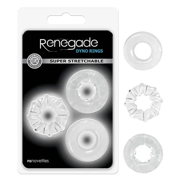 Renegade Dyno Rings in Clear, three textured cock rings beside the blister pack