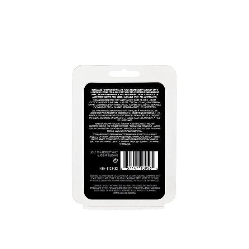 Renegade Fireman Ring blister pack reverse, showing product text and barcode
