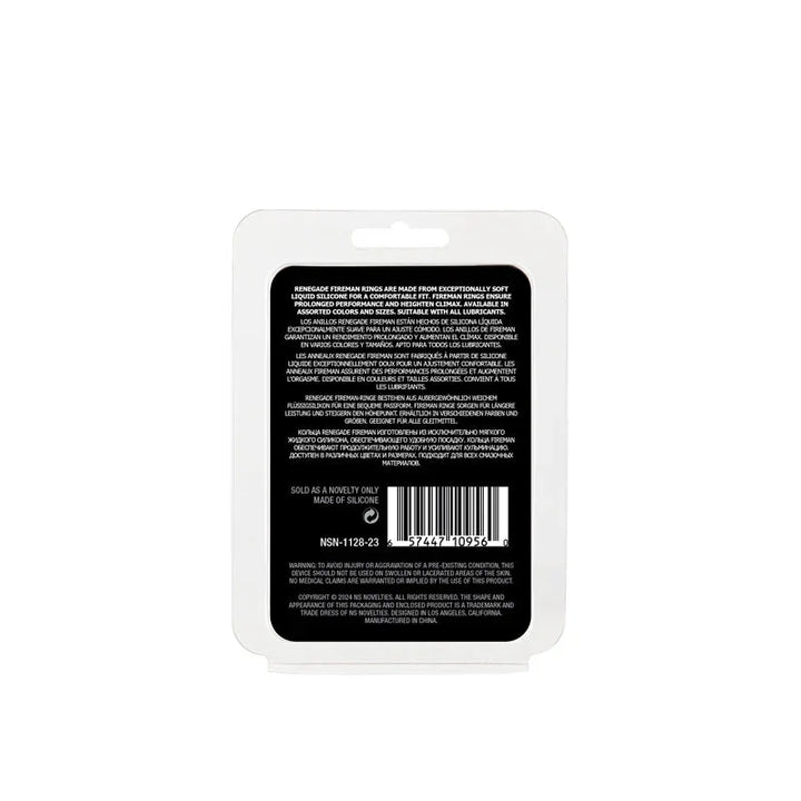 Renegade Fireman Ring blister pack reverse, showing product text and barcode