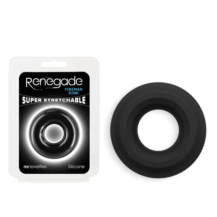 Renegade Fireman Ring medium in Black, thick smooth ring beside its blister pack