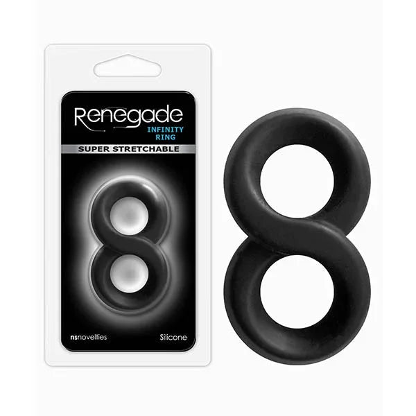 Renegade Infinity Ring in Black, figure-of-eight cock and ball ring beside its pack