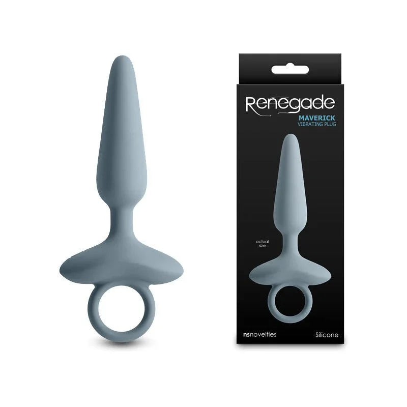 Renegade Maverick vibrating butt plug in Grey, ring-pull base, beside its Renegade box