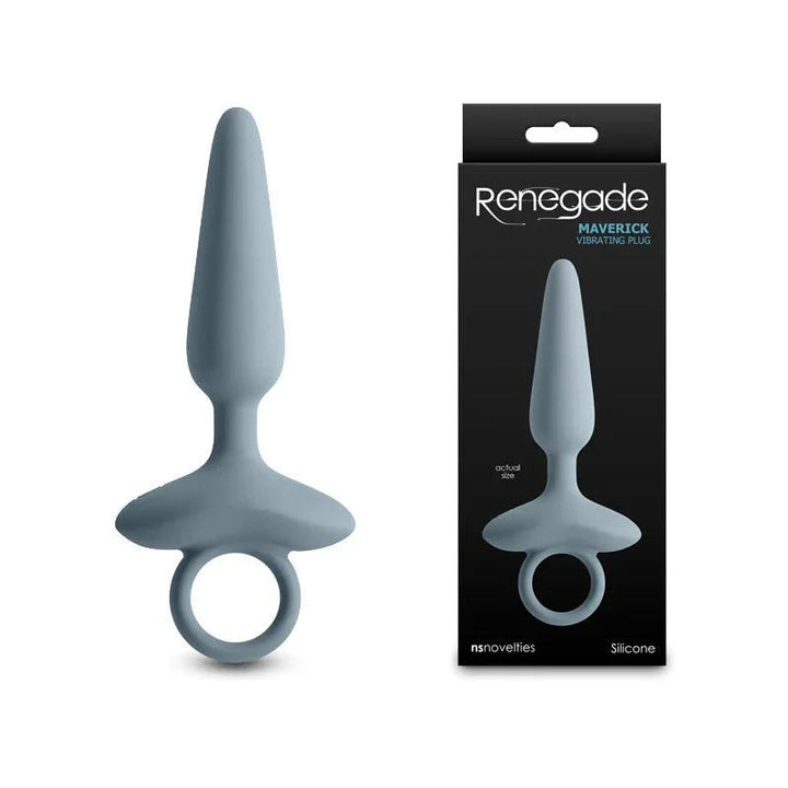 Renegade Maverick vibrating butt plug in Grey, ring-pull base, beside its Renegade box