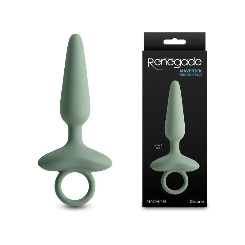Renegade Maverick vibrating butt plug in Sage, ring-pull base, beside its Renegade box