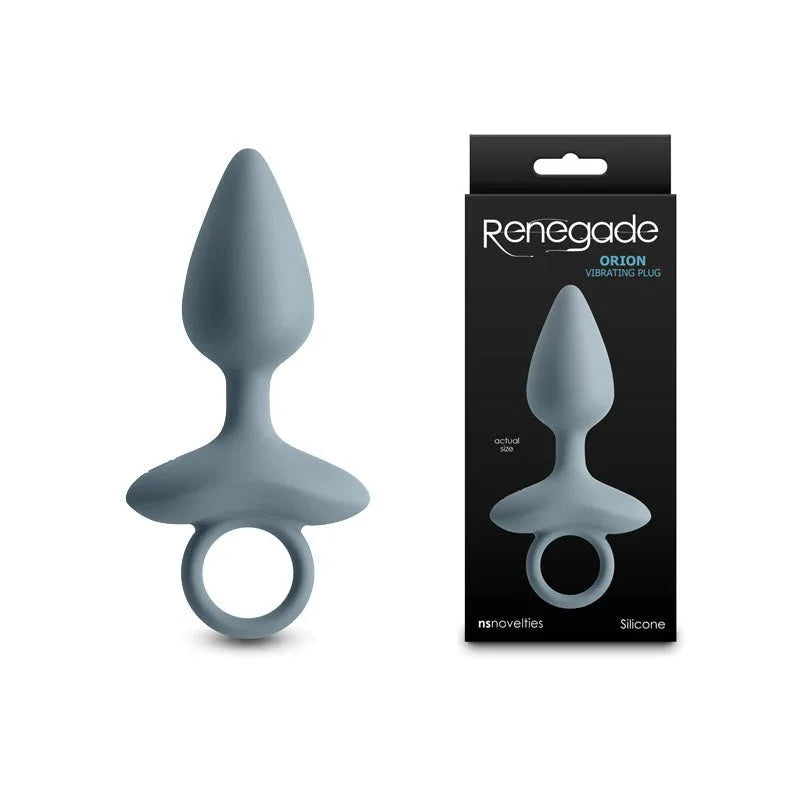 Renegade Orion vibrating butt plug in Grey, tapered with ring pull, beside its box