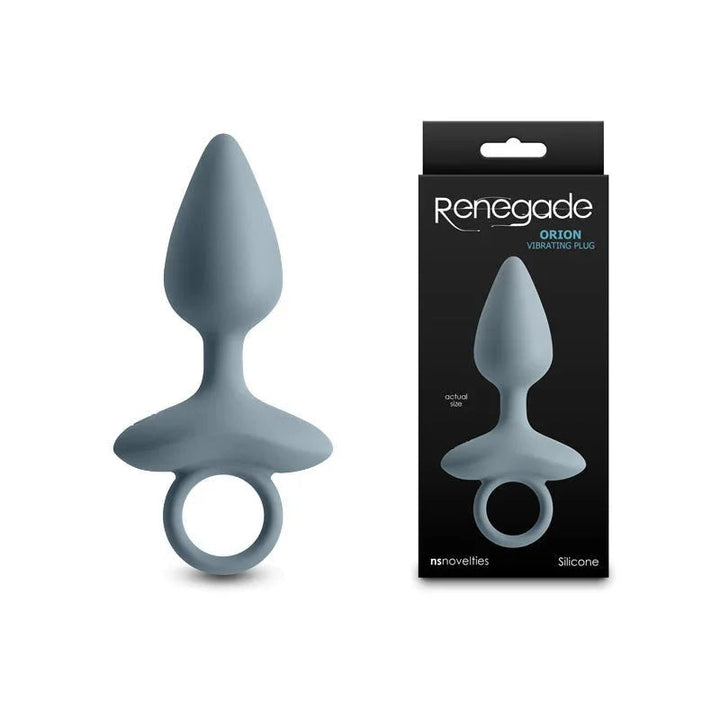Renegade Orion vibrating butt plug in Grey, tapered with ring pull, beside its box