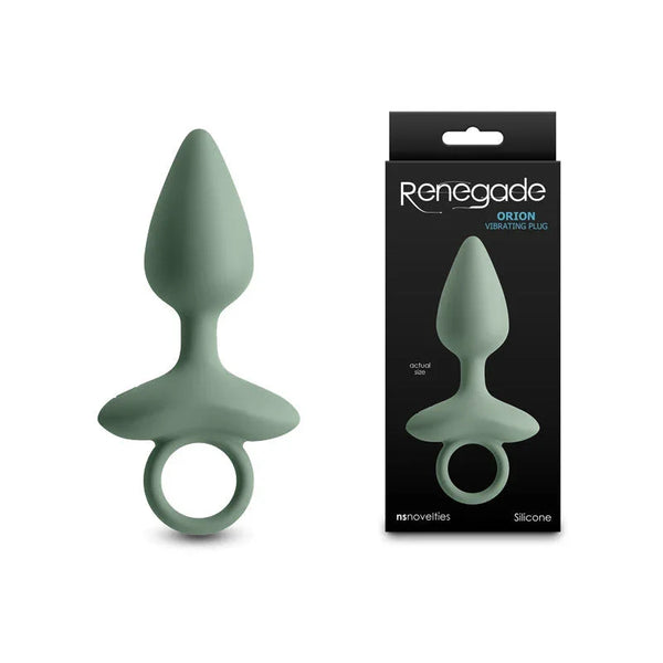 Renegade Orion vibrating butt plug in Sage, tapered with ring pull, beside its box