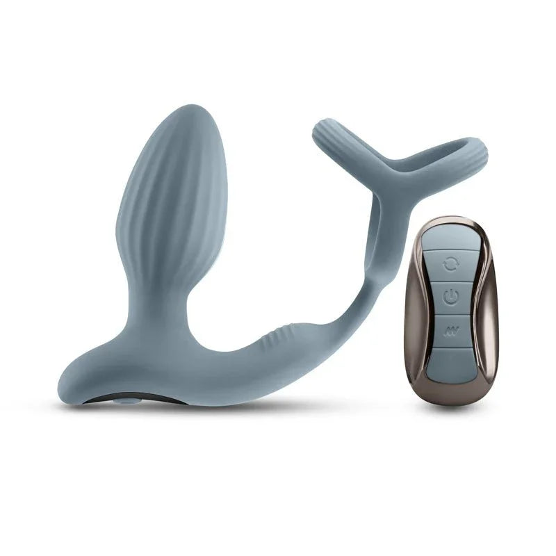 Renegade Pinnacle plug and cock ring in Grey laid out beside its remote
