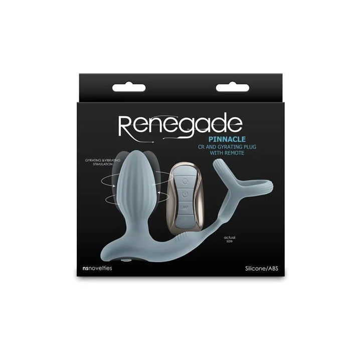 Renegade Pinnacle gyrating plug with cock ring in Grey, pictured on its black box