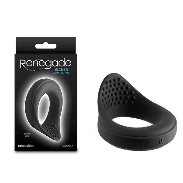 Renegade Slider vibrating cock ring in Black, studded pad, beside its Renegade box