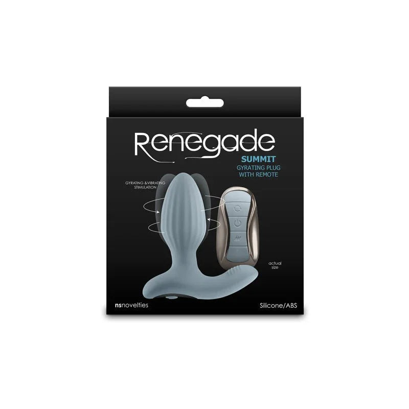 Renegade Summit gyrating butt plug in Grey with remote, pictured on its black box