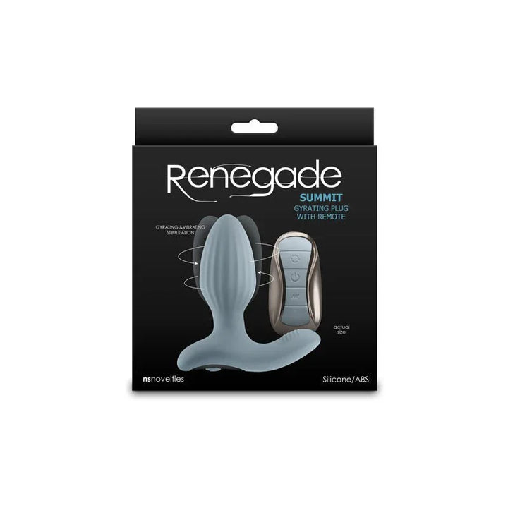 Renegade Summit gyrating butt plug in Grey with remote, pictured on its black box