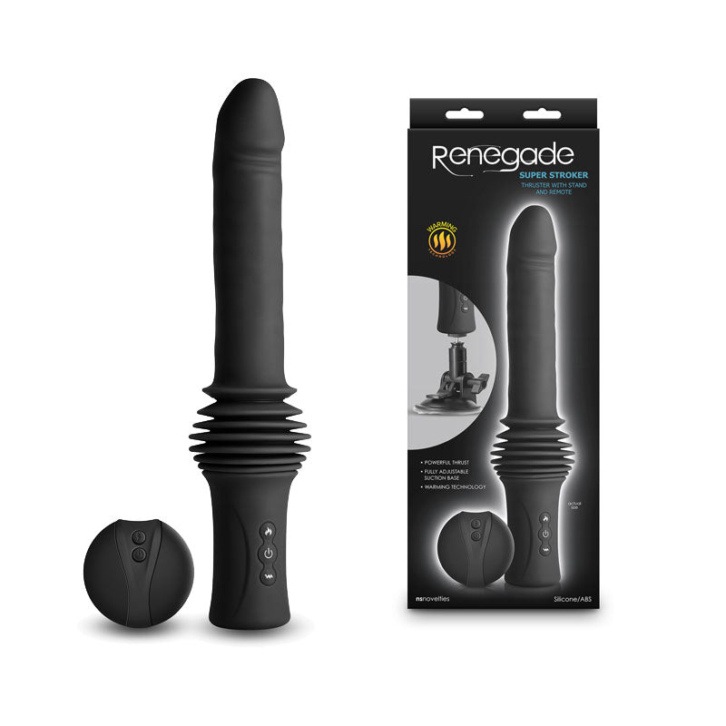 Buy Renegade Super Stroker - Black - Black 36.8 cm USB Rechargeable Thrusting Vibrator with Remote Control & Stand – Naughtyhut NZ sex toys online. Discreet delivery & top brands.