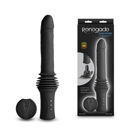 Buy Renegade Super Stroker - Black - Black 36.8 cm USB Rechargeable Thrusting Vibrator with Remote Control & Stand – Naughtyhut NZ sex toys online. Discreet delivery & top brands.