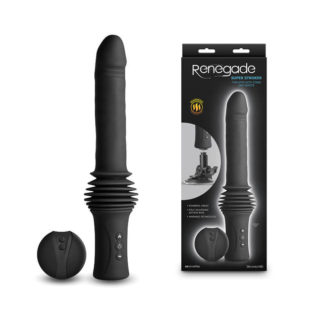 Buy Renegade Super Stroker - Black - Black 36.8 cm USB Rechargeable Thrusting Vibrator with Remote Control & Stand – Naughtyhut NZ sex toys online. Discreet delivery & top brands.