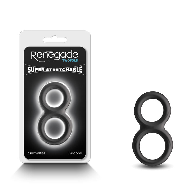 Buy Renegade Twofold - Black - Black Cock & Balls Rings – Naughtyhut NZ sex toys online. Discreet delivery & top brands.