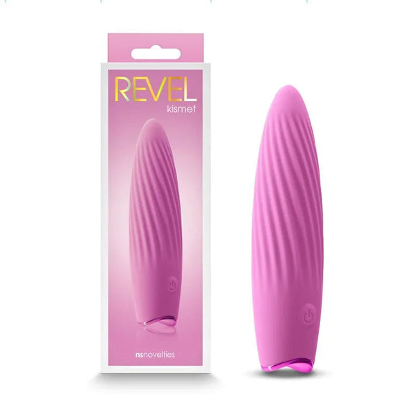 Revel Kismet rechargeable vibrator in Pink, spiral ribbed body, beside its Revel box