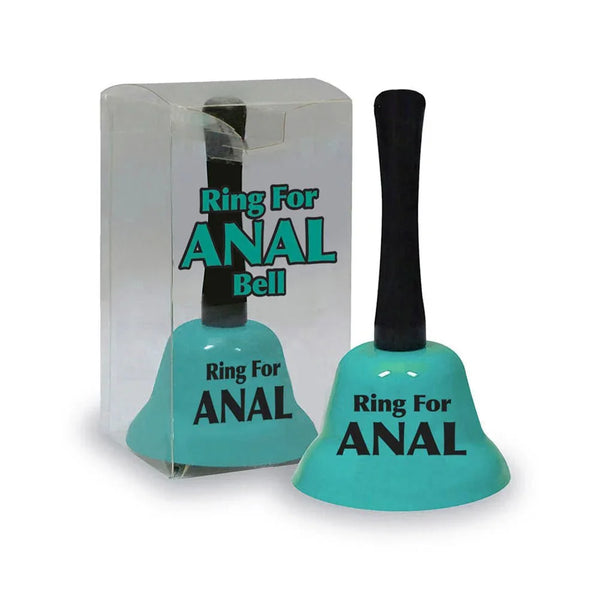 Ring For Anal novelty desk bell in Teal with a black handle, beside its clear pack