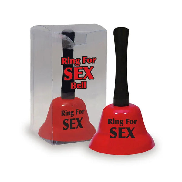 Ring For Sex novelty desk bell in Red with a black handle, beside its clear pack