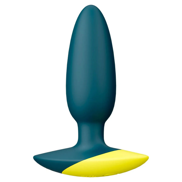 Romp Bass in Teal, tapered silicone butt plug with yellow-tipped base