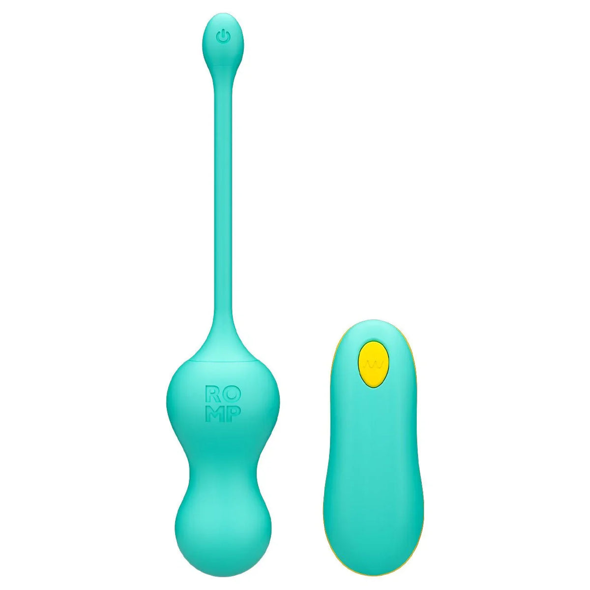 Romp Cello in Teal, twin pleasure balls with cord beside the matching remote