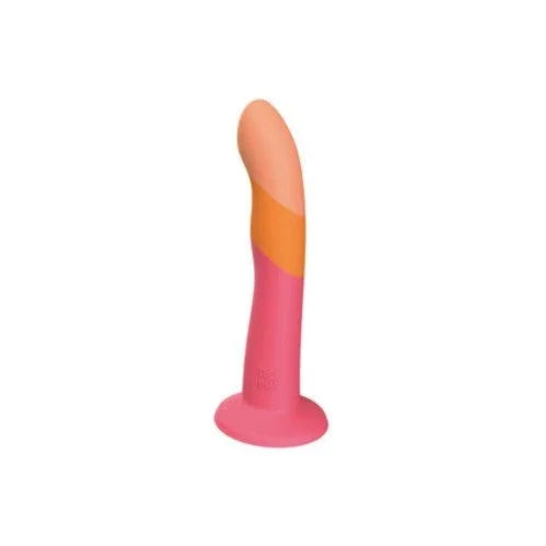 Romp Dizi two-tone silicone dildo in coral and pink, upright on its suction base