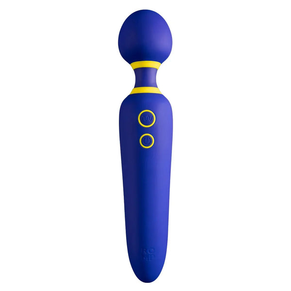 Romp Flip wand vibrator in Blue with yellow control buttons
